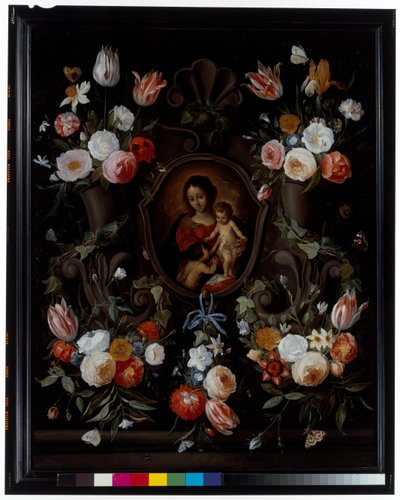Virágokkal és pillangókkal díszített kőkartus alkotó: Jan van the Elder Kessel