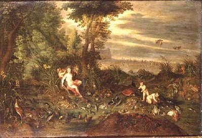 A víz allegóriája: egy tengeri nimfa a nádas partján, a közelben halak, kagylók és madarak, azon túl Amphitrité diadala. alkotó: Jan van the Elder Kessel