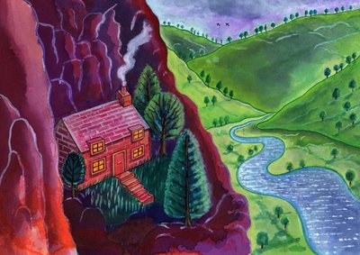 Ház a hegyekben, 2002 (tinta és gouache) alkotó: Jane Tattersfield