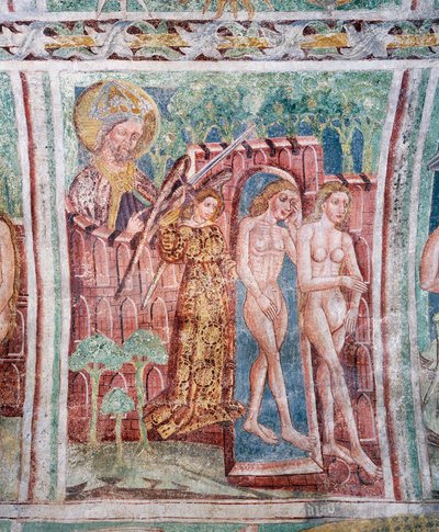 Hrasztovlje erődtemplom, Szentháromság-templom, Ádám és Éva kiutasítása a Paradicsomból (1490), részlet Janez Iz Kastva freskóiról, Szlovénia alkotó: Janez Kastav