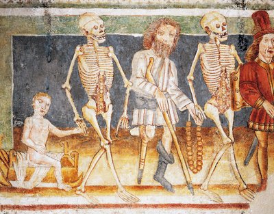 Hrastovlje erődtemplom, Szentháromság-templom, Halál kíséri a gyermeket és a szegényt, Haláltánc (1490), részlet Janez Iz Kastva freskóiból (1490), Szlovénia alkotó: Janez Kastav