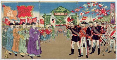 Találkozó japán tisztek és koreai tisztek között, egy epizód a kínai-japán háborúból, 19. század vége (színes fatömbnyomat) alkotó: Japanese School