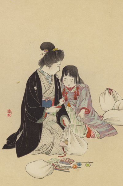 Egy anya és lánya ajándékokat intéz a frontra (chromolitho) alkotó: Japanese School