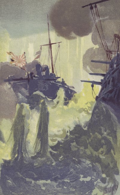 Japán torpedóhajó rombolók éjszakai támadása az orosz osztag ellen Port Arthurnál (chromolitho) alkotó: Japanese School