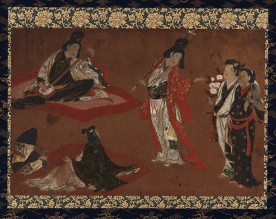 Piknikparti, függő tekercs (panelre szerelve), 17. század eleje (szín és arany a papíron) alkotó: Japanese School
