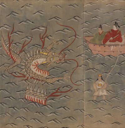 Sárkány és nő búvár, illusztráció a "Taishokkan"-ból (tinta és színes papíron) alkotó: Japanese School