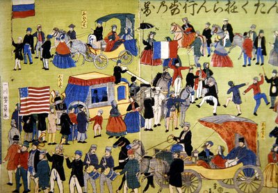 Amerikai, holland és francia látogatók érkeznek a japán Jokohamába, 1860 körül (színes fametszet) alkotó: Japanese School
