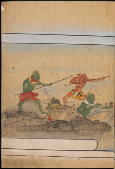 Fegyveres goblinok, illusztráció a "Taishokkan"-ból (tinta és színes papíron) alkotó: Japanese School