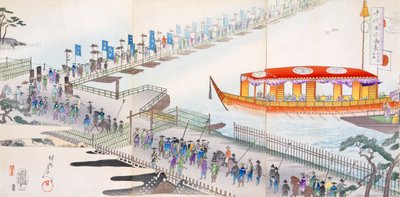 Fesztiválon való részvétel: pontonhídon való átkelés a szent helyre (színes fatömbnyomat) alkotó: Japanese School
