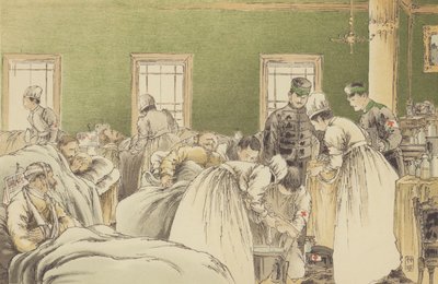 Az orosz sebesültek ellátása a Japán Vöröskereszt Társaság Átmeneti Kórházában Chemulpóban (chromolitho) alkotó: Japanese School