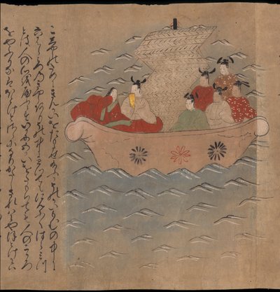Kínai követek csónakban, illusztráció a Taishokkanból (tinta és színes papíron) alkotó: Japanese School