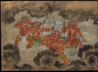 Démonok íjakkal, illusztráció a Taishokkanból (tinta és színes papíron) alkotó: Japanese School