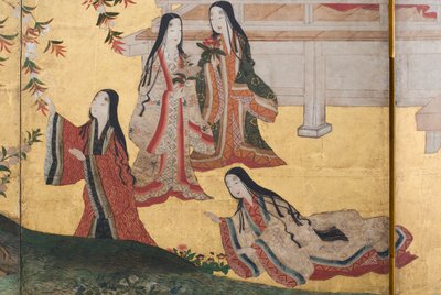 Részlet a Tavasz a palotában, hatszoros képernyő a Genji meséjéből, 1650 körül (tinta, színek és arany papíron) alkotó: Japanese School