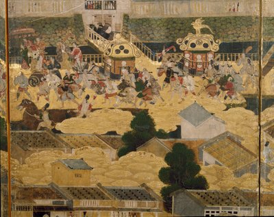 Részlet a Kiotóban és környékén (Rakuchu rakugai zu), 1616-24 körül (tinta, színes és leveles arany, papír) alkotó: Japanese School