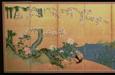 Kócsagok egy patakban íriszek szigetével, Edo-korszak alkotó: Japanese School