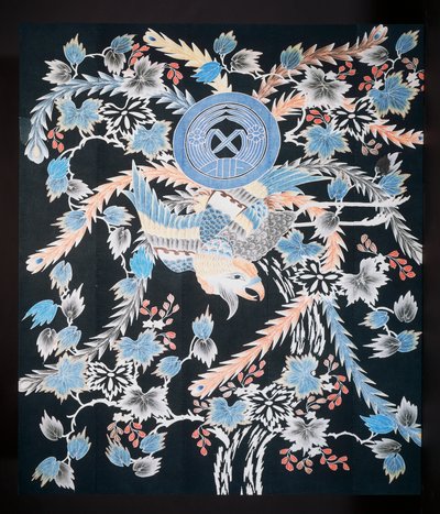 Futonji ágytakaró főnix, paulownia és nárcisz motívumokkal, pamut, indigó festék, pigment és tinta alkotó: Japanese School