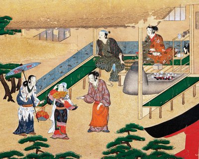 Egy ház belsejében Kyoto külvárosában, ukiyo-e, selyemfestés, Tosa iskola, japán civilizáció alkotó: Japanese School