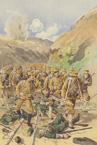 Takagi hadnagy engedélyt kér dandárparancsnokától az előrenyomuláshoz (chromolitho) alkotó: Japanese School