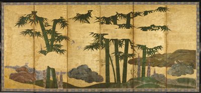 Holdfényes Bamboo Grove, 16. század eleje (pár hat paneles képernyő; tinta, színes és arany papíron) alkotó: Japanese School