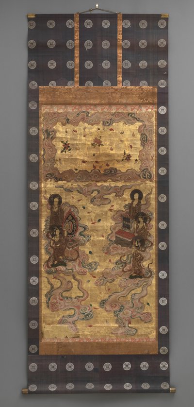 Falfestmény: Huszonöt származású bodhiszattvák (az Amitabha triád kísérői), 18. század (Triptichon függő tekercsek: tinta, szín és arany levél papíron, sárgaréz) alkotó: Japanese School