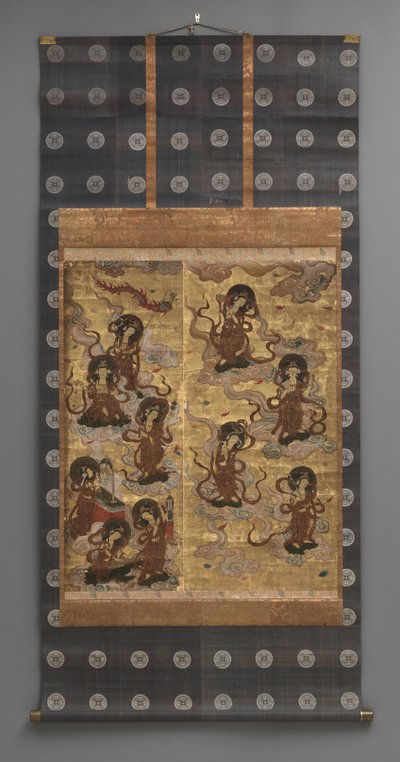 Falfestmény: Huszonöt származású bodhiszattvák (az Amitabha triád kísérői), 18. század (Triptichon függő tekercsek: tinta, szín és arany levél papíron, sárgaréz) alkotó: Japanese School