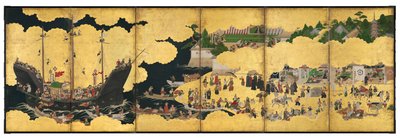 Nanban hatszoros képernyő, amely egy portugál kereskedelmi hajó érkezését ábrázolja, Edo-korszak alkotó: Japanese School
