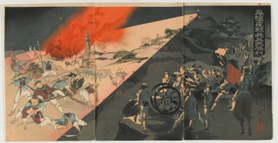 Éjszakai csata Pingyangban, Meiji-korszak, 1894 (színes fatömbnyomat) alkotó: Japanese School