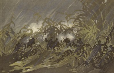 Gyalogos katonáink összecsapnak egy kölesmezőn Liao-yang (chromolitho) közelében alkotó: Japanese School
