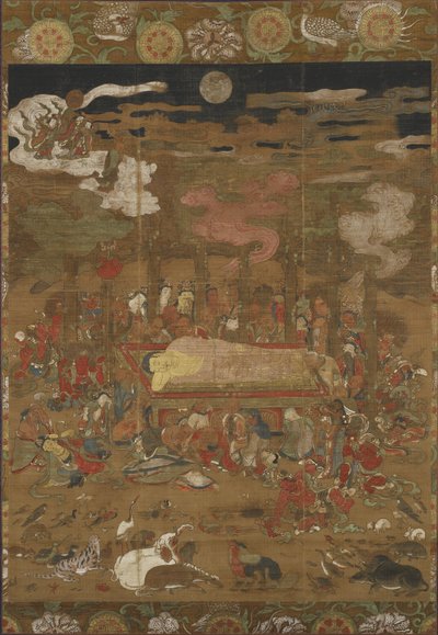 Szakjamuni parinirvánája, a történelmi Buddha (tinta, szín és arany selyemen) alkotó: Japanese School