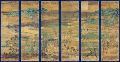 Paysage (Tájkép) képernyő hat panelben - Névtelen munka, selyem gouache alkotó: Japanese School