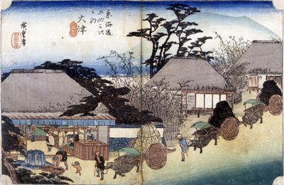 Parasztok, akik szekereikkel átkelnek egy falun - japán nyomtatás alkotó: Japanese School