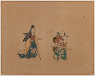 Szamuráj és két vak, Album levélfestmény (tintával és színes papíron) alkotó: Japanese School