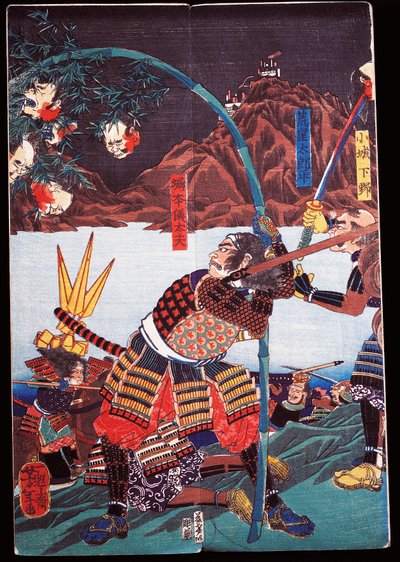 Szamurájok, akik bambuszbotokon mutatják ellenségeik levágott fejét, sewamono (házi játék) alkotó: Japanese School