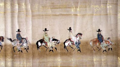 Korea hatodik nagykövetsége Japánban a Meireki 1-ben, Tokugawa Ietsuna 1651-es utódlása idején, valószínűleg Kano Masunobu (1625-94) (tekercses festmény) (részlet) alkotó: Japanese School
