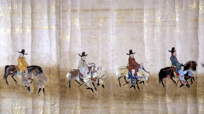Korea hatodik nagykövetsége Japánban a Meireki 1-ben, Tokugawa Ietsuna utódlása idején, 1651-ben, valószínűleg Kano Masunobu (1625-94) (tekercses festmény) (részlet) alkotó: Japanese School