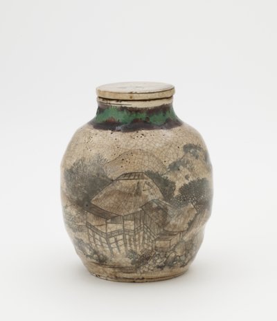 Tealevél tégely senchához, hozzáillő tetővel, Kiotóhoz kapcsolódó edények, Tealevél tégely (sencha tsubo) alkotó: Japanese School