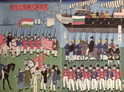 A Commodore Perry század megérkezése egy japán kikötőbe 1853-ban (színes fatömbnyomat) alkotó: Japanese School