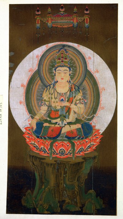 A Bódhiszattva Akashagarba, aki bal kezében a Cintamani (kívánságadás) ékszert tartja, és egy lótuszon ül, illusztráció egy 9. századi kakemonó után a Daigo templomból, Th. alkotó: Japanese School