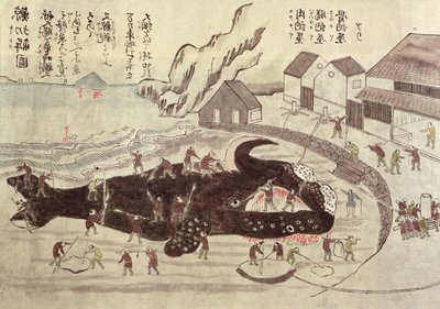 Egy bálna illesztése, 19. század vége (színes metszet) alkotó: Japanese School