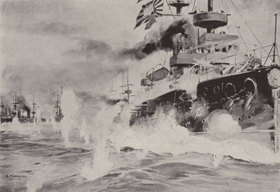 A Mikasa bátran harcol az orosz osztag ellen Port Arthurnál augusztus 10-én (litho) alkotó: Japanese School