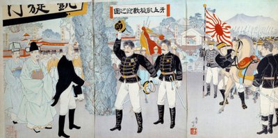 A Japán Birodalom felemelkedése: az egykori japán társadalom képviselete a baloldalon a feodális rendszeren, az új pedig a jobboldalon, a katonai erők fejlesztése felé fordult, amely Japánt Kína és Oroszország elleni háborúkhoz vezetné. alkotó: Japanese School