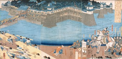 Triptichon, amely a Kunigos folyó mellett épülő erődöt ábrázolja, Edo-korszak 1603–1868. alkotó: Japanese School