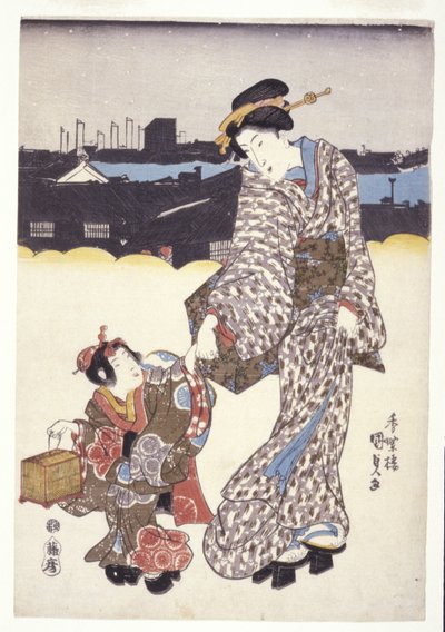 Cím nélkül (Egy nő és gyermek) (színes fametszetek) alkotó: Japanese School