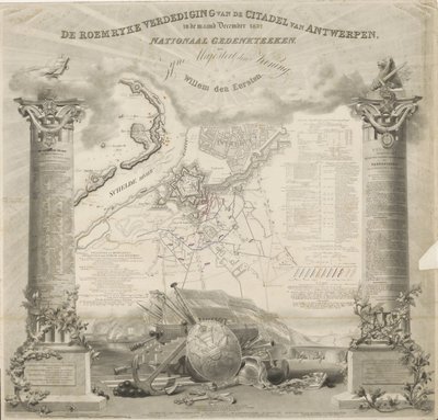 Az antwerpeni fellegvár Roemryke-védelme, 1832. december hónapban. Nemzeti Emlékmű, Őfelségének, Willem den Eerste királynak (cím a tárgyon) alkotó: Ja.s Wyld