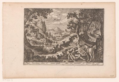 Táj az irgalmas szamaritánus történetével: a szamaritánus felsegíti az áldozatot a lován Az irgalmas szamaritánus története (sorozat címe) alkotó: Jaspar de Isaac (attributed to)