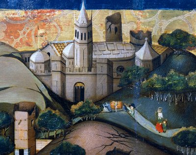 Táj a püspöki templommal, részlet a Repülésből Egyiptomba, oltárkép Verduból alkotó: Jaume Ferrer