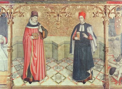 Szent Kozmás és Szent Damján (olaj és levélarany, tábla) alkotó: Jaume Huguet