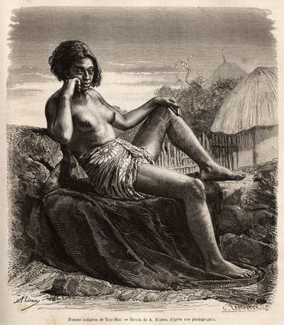 A márkiek szigetvilágában élő Taio-Hae (vagy Taio Hae) bennszülött asszonya, tetovált lábait közönyösen megmutatva, A.Rixens 1872-1874-es Csendes-óceáni emlékeit illusztráló rajza nyomán A. Pailhes, egy hajótábla, amelyet a „Le t alkotó: Jean Andre Rixens