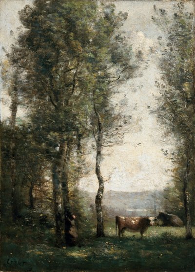 Fás táj, tehenekkel a tisztáson alkotó: Jean-Baptiste-Camille Corot