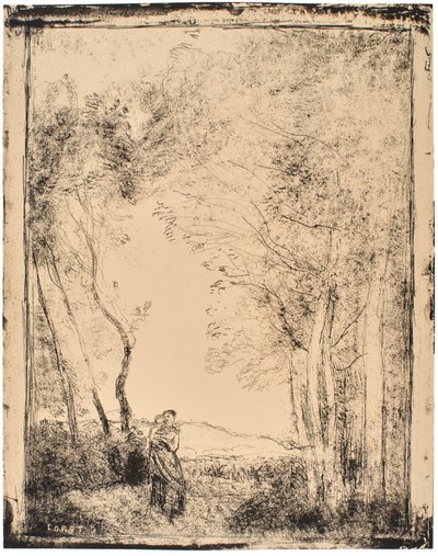 Fiatal anya egy erdő bejáratánál alkotó: Jean-Baptiste-Camille Corot
